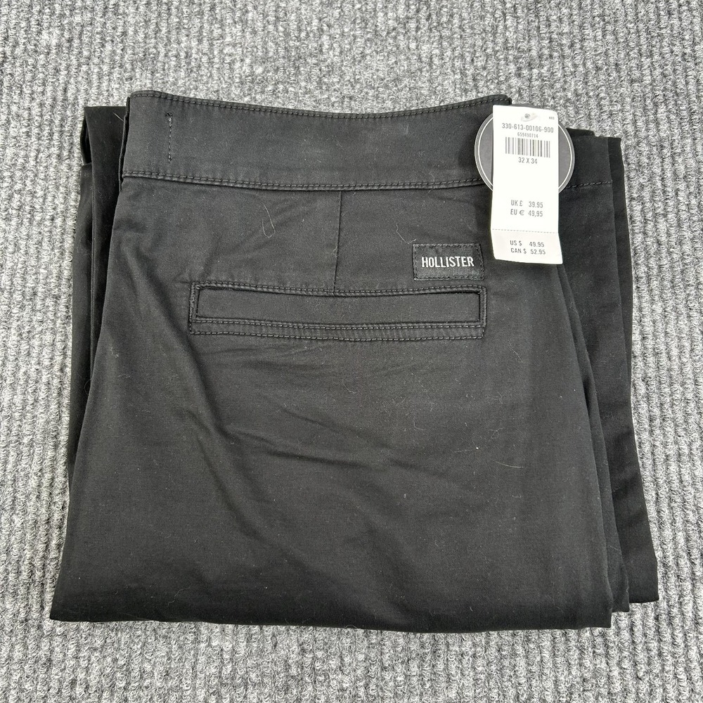 New Hollister Men's Black Chino Flat Front Baggy Stretch Pants 32x34